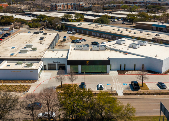 Aerial view of the Boardwalk Lamborghini dealership ion Dallas